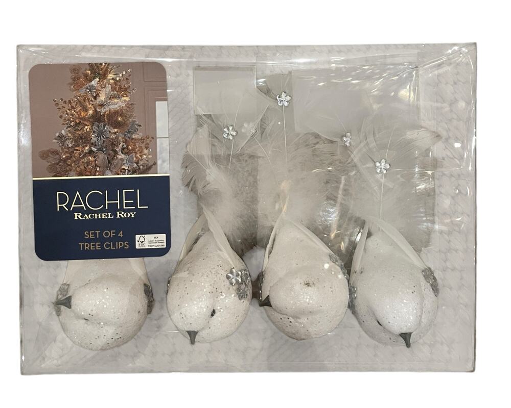 Rachel Roy Rhinestone Feathered Dove Christmas Tree Clips Set of 4 White New